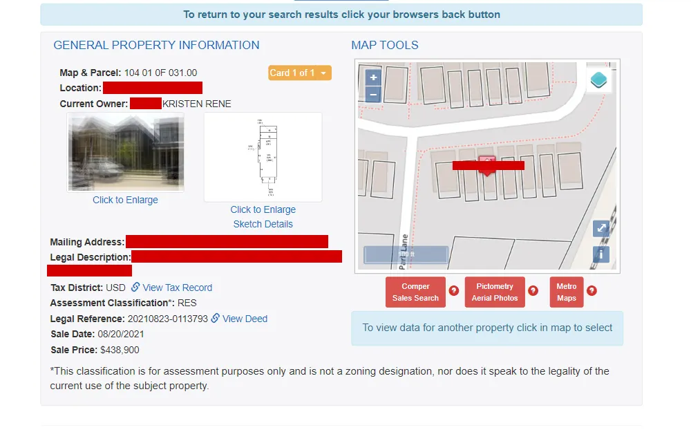 A screenshot of the search tool that can be used if an individual needs to find out who owns a property in Davidson County.