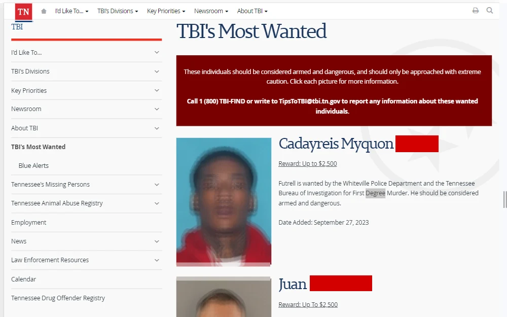 A screenshot of the most wanted list provided by Tennessee Bureau of Investigation.