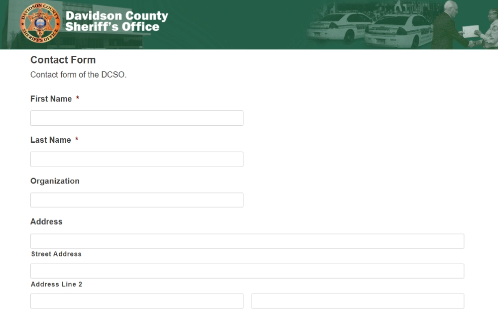 A screenshot of the Davidson County Sheriff's Office's contact form that requires first and last names, and additional information, if available, such as the organization name and complete address.