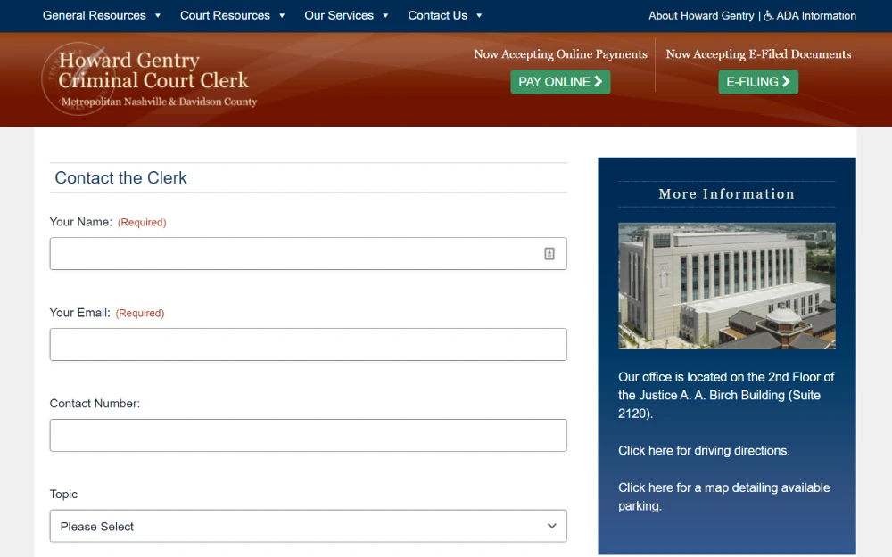 A screenshot shows a contact form from Davidson County Clerk's Office, where individuals can fill out their name, email, contact number, and topic for inquiry, with links to online payment and document filing services and additional information about the clerk's office location and parking.