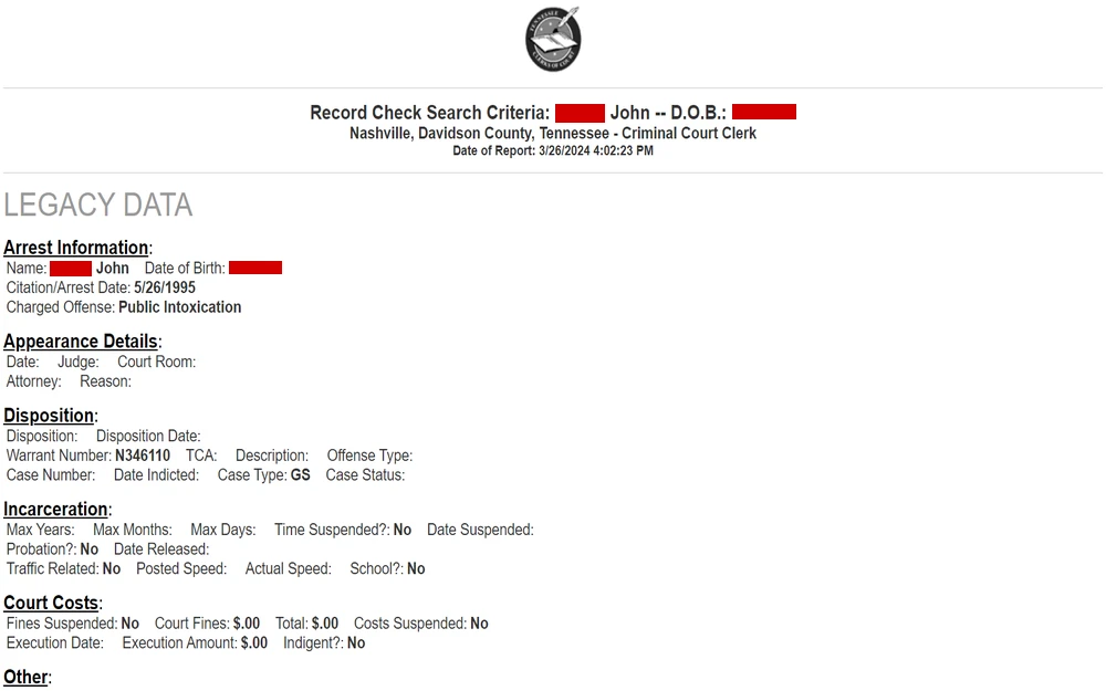 A screenshot of a court record summary from Davidson County Sheriff's Office, showing the arrest details of an individual, including name, date of birth, citation date, and charged offense, along with sections for appearance, disposition, incarceration, and court costs, most fields being unfilled, indicating a legacy data entry.