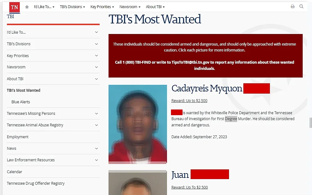 A screenshot of the most wanted list provided by the Tennessee Bureau of Investigation.