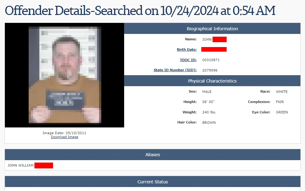 A screenshot from the Tennessee Department of Corrections page showing offender record with biographical, physical characteristics and photo.