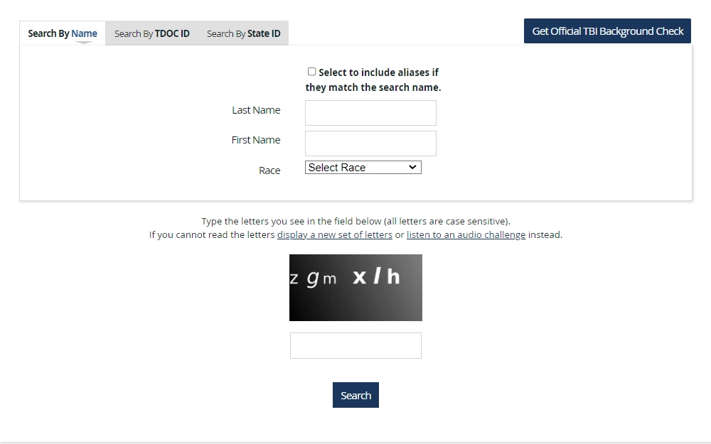 A screenshot of the Tennessee Department of Corrections offender search form with fields for name, TDOC ID, or State ID, including input boxes for first/last name, race, and a captcha verification system.